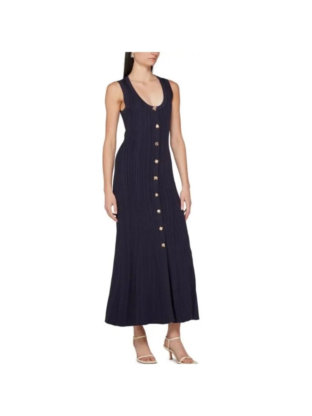 Self-Portrait Navy Viscose Knit Midi Dress Gold Button Size M